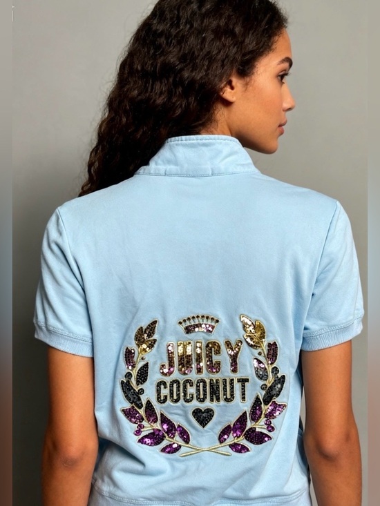 Tops - Y2K Juicy Coconut Pastel Blue Zip Up Jacket Sequin Rhinestone Crop Small